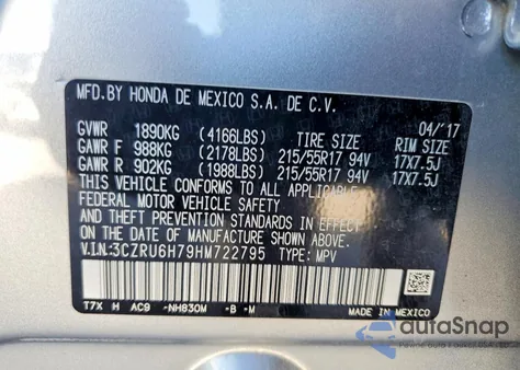 2017 Honda Hr-V Exl z USA, uszkodzony, nr VIN 3CZRU6H79HM722795